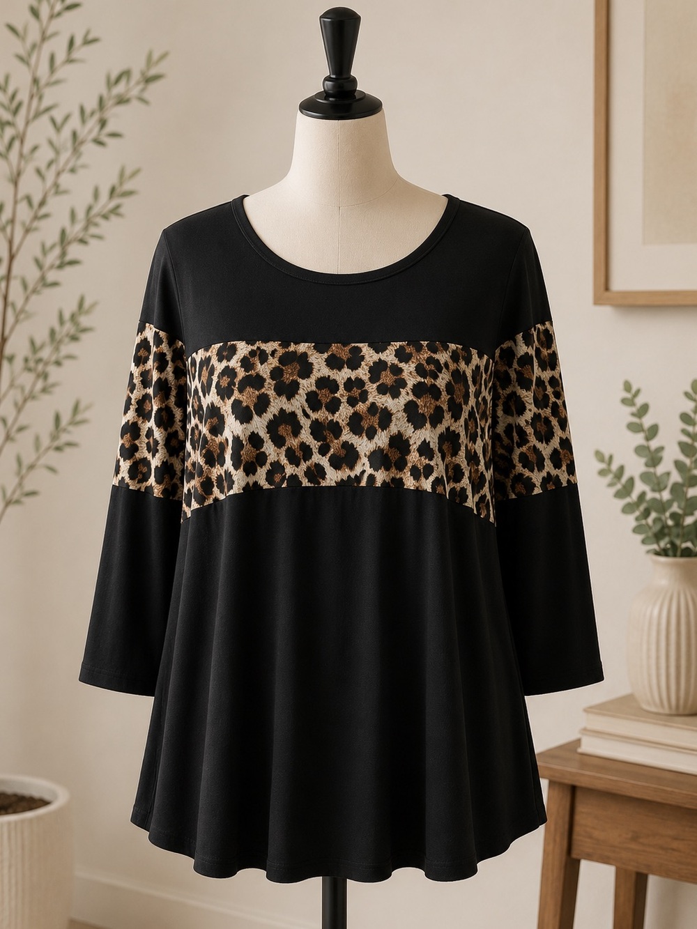 Hemish Black Swing 3/4 sleeve Top with Leopard Print Panel
